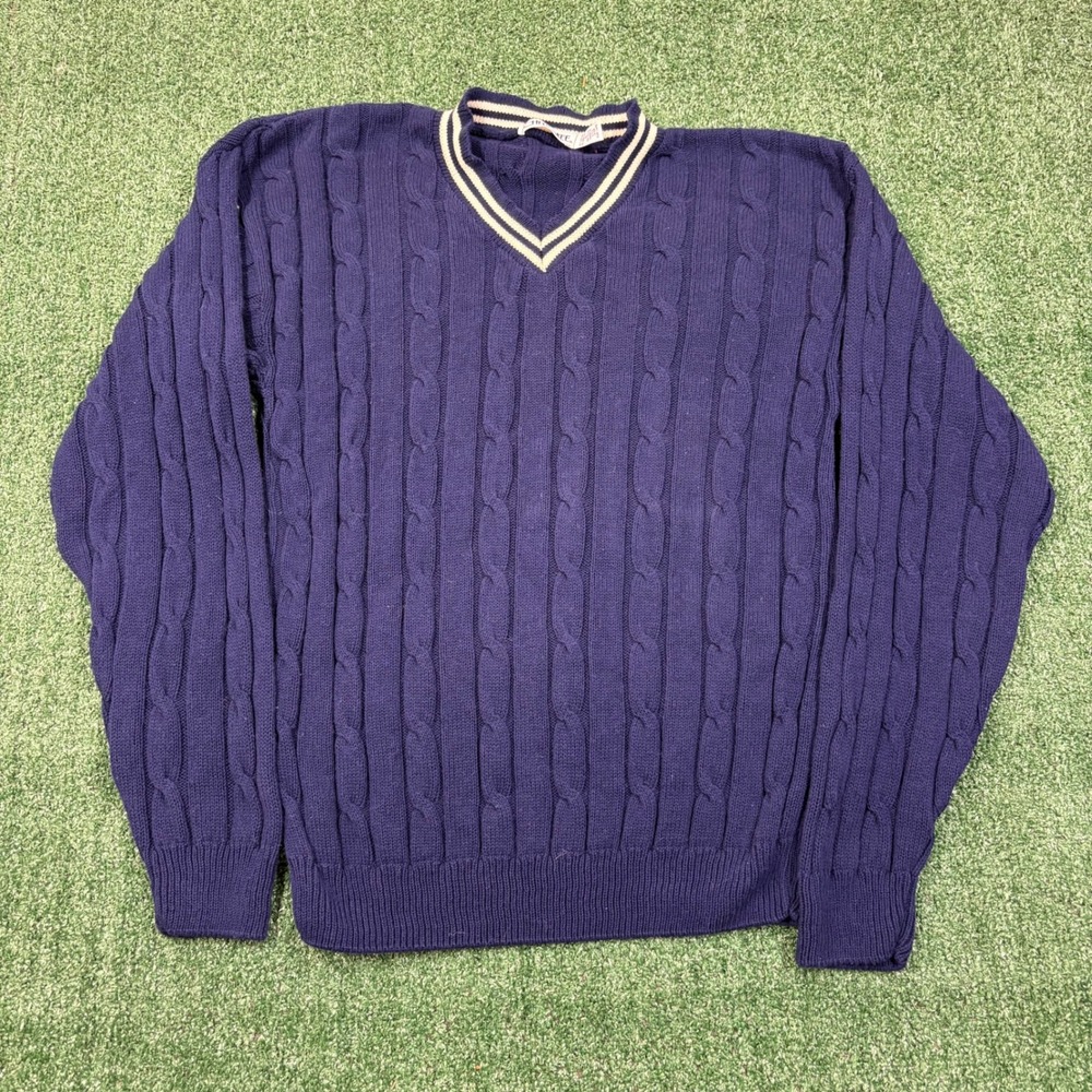 Vintage 90s Cherokee Cable Knit Sweater Navy Blue V-Neck Striped Made in USA